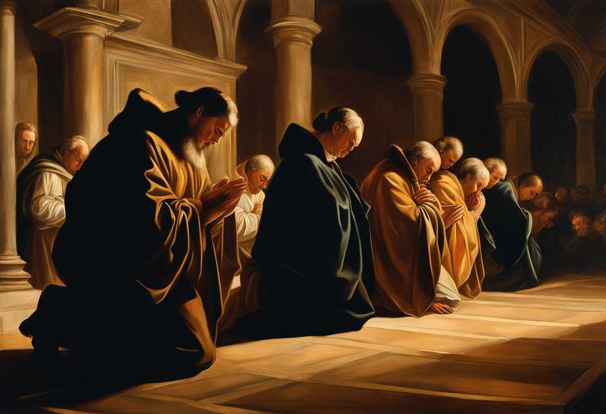 People-in-a-dimly-lit-church-heads-bowed-in-prayer-faces-aglow-with-devotion_mdeo