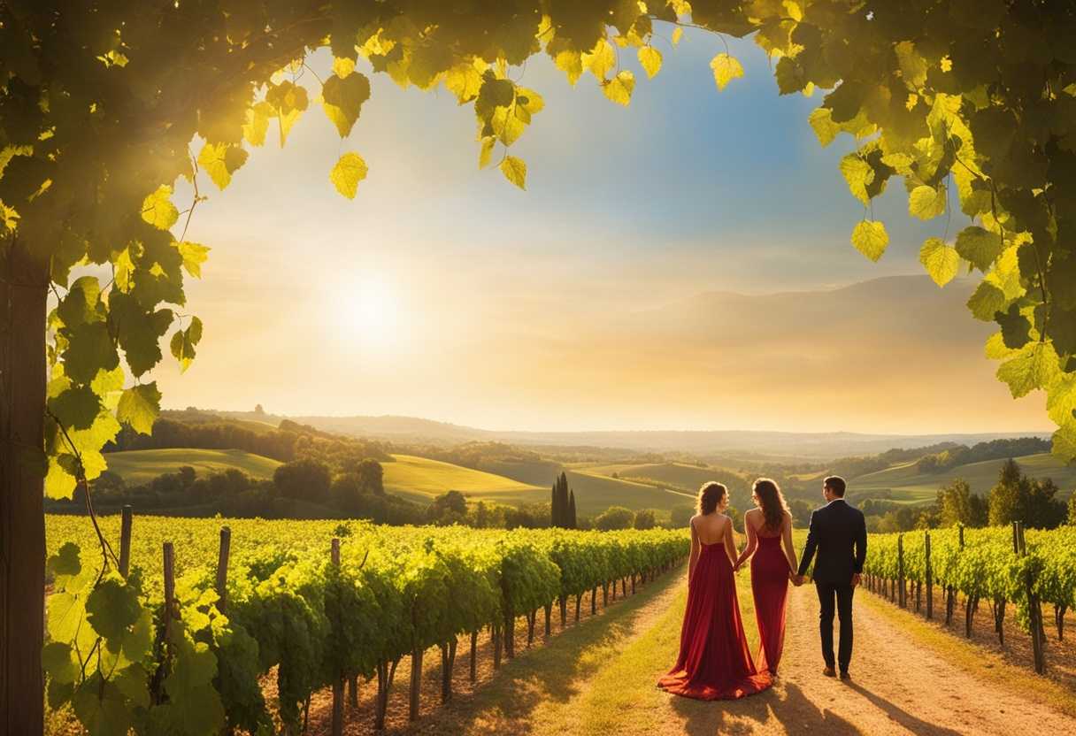 Romantic-couple-admiring-sunlit-vineyard-tenderly-gazing-at-lush-green-vines-in-golden-light_dthr
