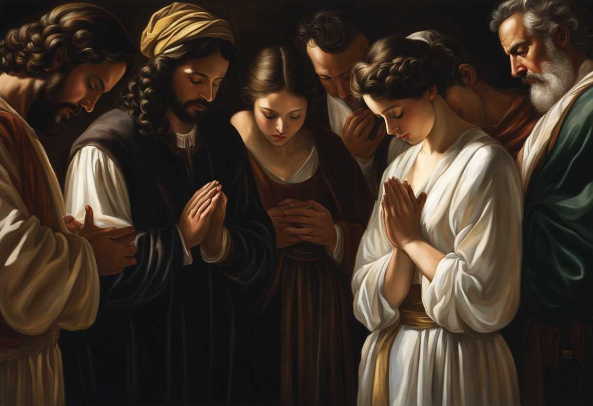 A-diverse-group-prays-together-in-serene-light-heads-bowed-in-solemn-reverence_dlzn