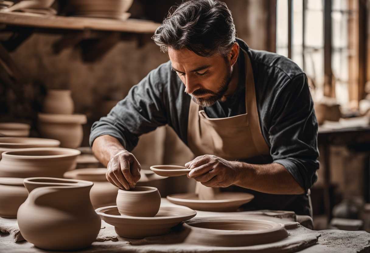 Skilled-potter-molds-clay-with-focused-expression-in-serene-timeless-atmosphere_gkjf