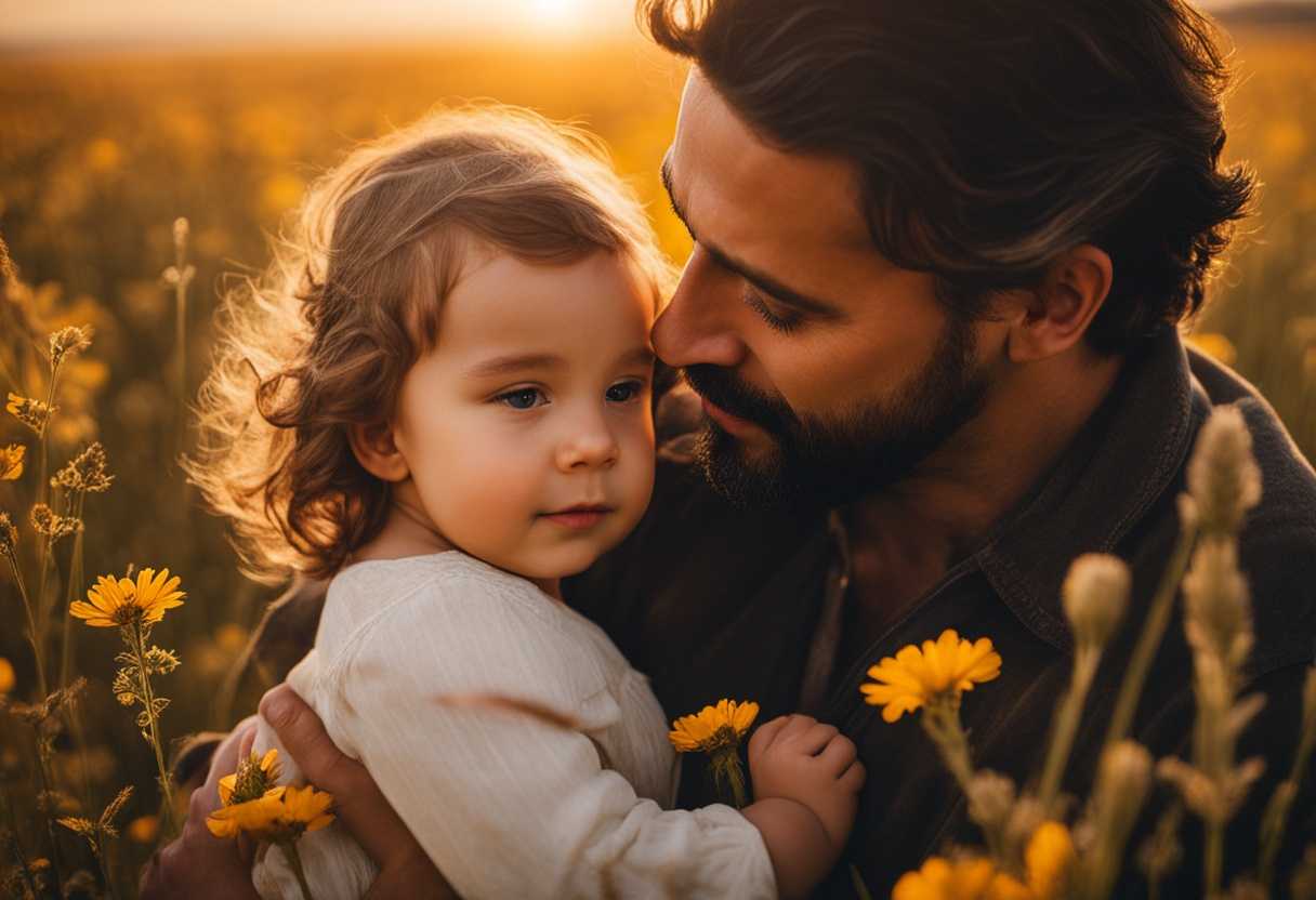 Father-and-child-share-a-warm-embrace-in-a-field-of-wildflowers-basking-in-golden-sunlight_ngao