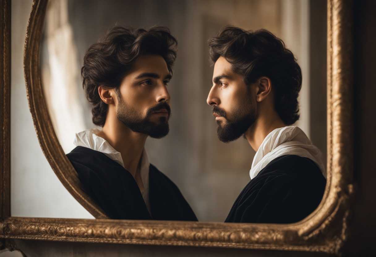 Man-gazes-into-mirror-soft-light-illuminating-contemplative-expression-symbolizing-duality-and-sel_ptsg