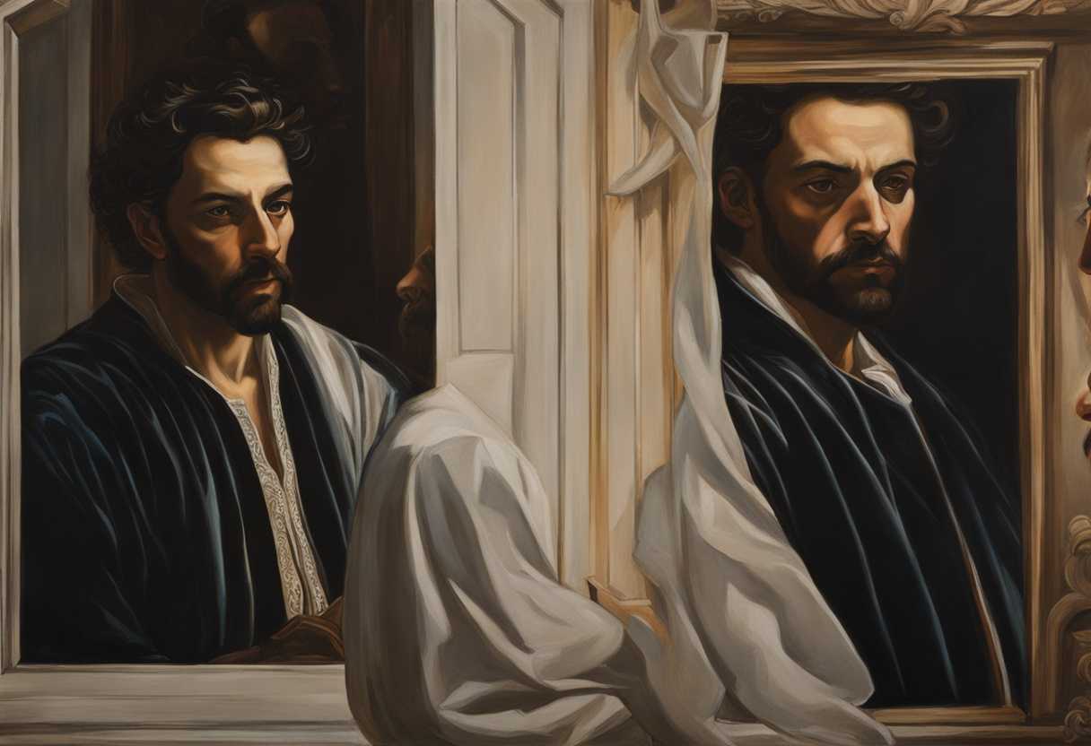Man-gazes-at-his-reflection-in-a-dimly-lit-room-pondering-duality-and-self-discovery_odvm