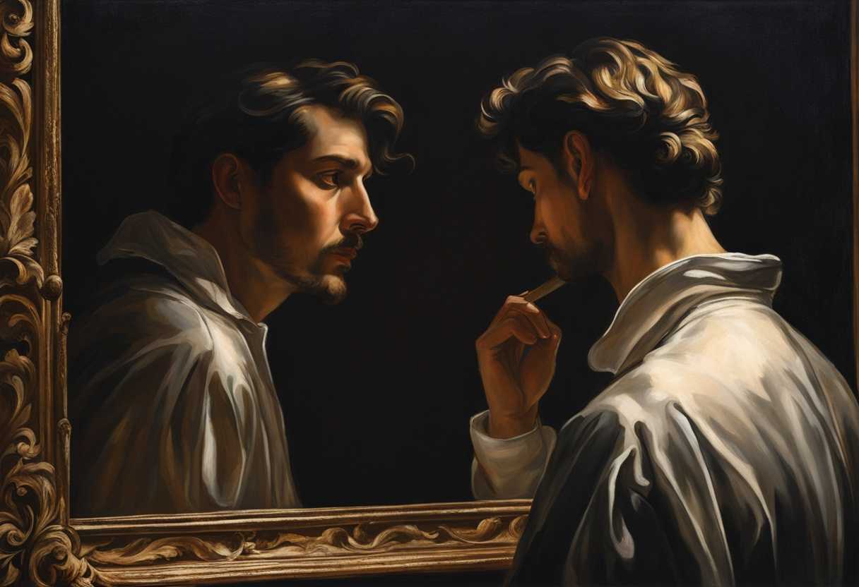 Man-gazes-at-his-reflection-in-dim-light-pondering-deeply-seeking-self-understanding_qdym