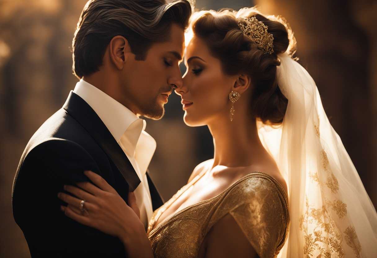 Old-Hollywood-style-couple-in-warm-embrace-bathed-in-golden-light-sharing-candid-intimate-moment_ssfl
