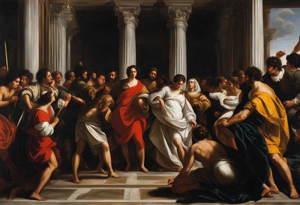 A-diverse-crowd-gathers-contrasting-in-attire-and-status-showcasing-humility-power-dynamics-and-_cihx