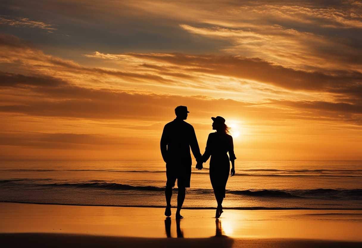 Romantic-couple-strolling-on-tranquil-beach-at-sunset-silhouetted-against-golden-sky_elxo