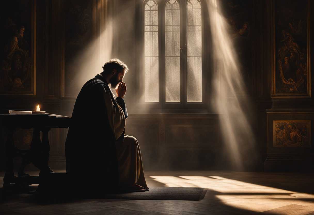 A-prophet-prays-in-a-dimly-lit-room-bathed-in-divine-light-and-shadows_ogak