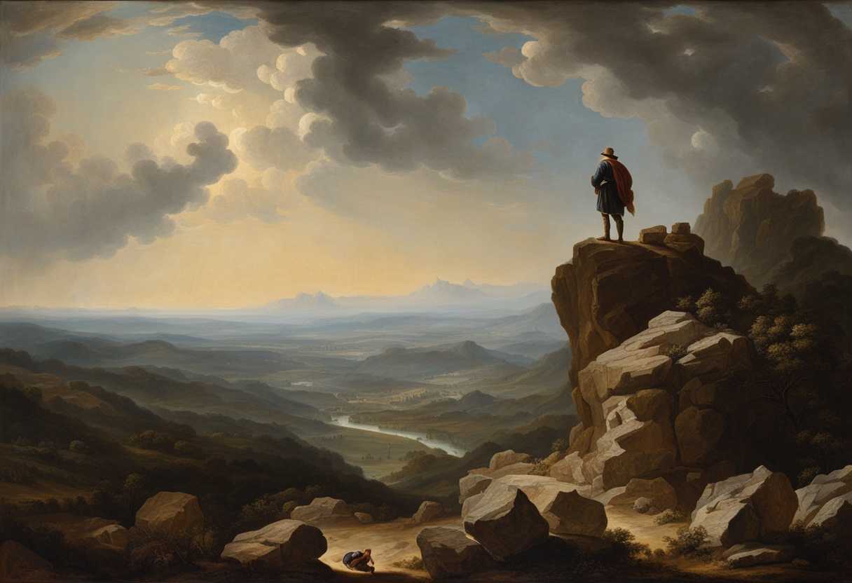 A-lone-figure-stands-firm-on-rocky-terrain-gazing-intensely-at-the-vast-open-sky_belq