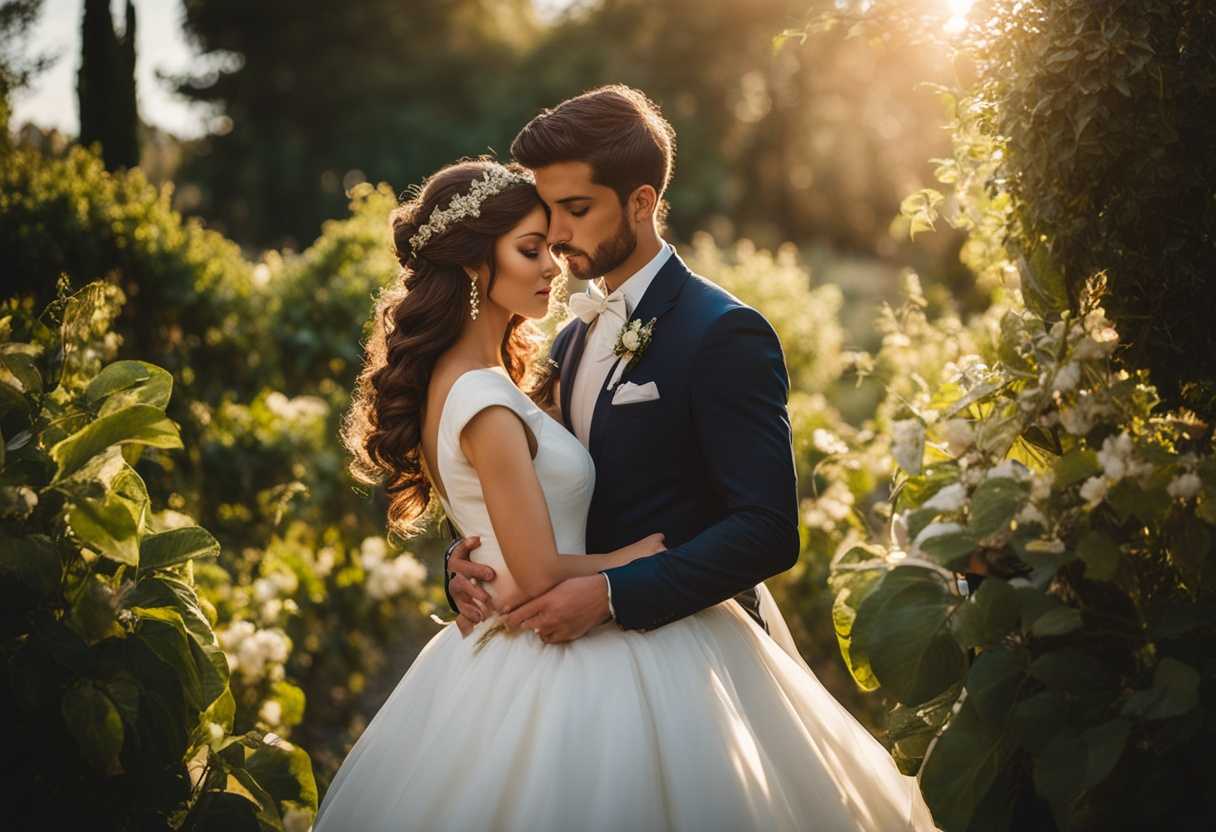 Newlyweds-embrace-in-sunlit-garden-bride-in-white-gown-groom-in-suit-hands-intertwined_yyzu