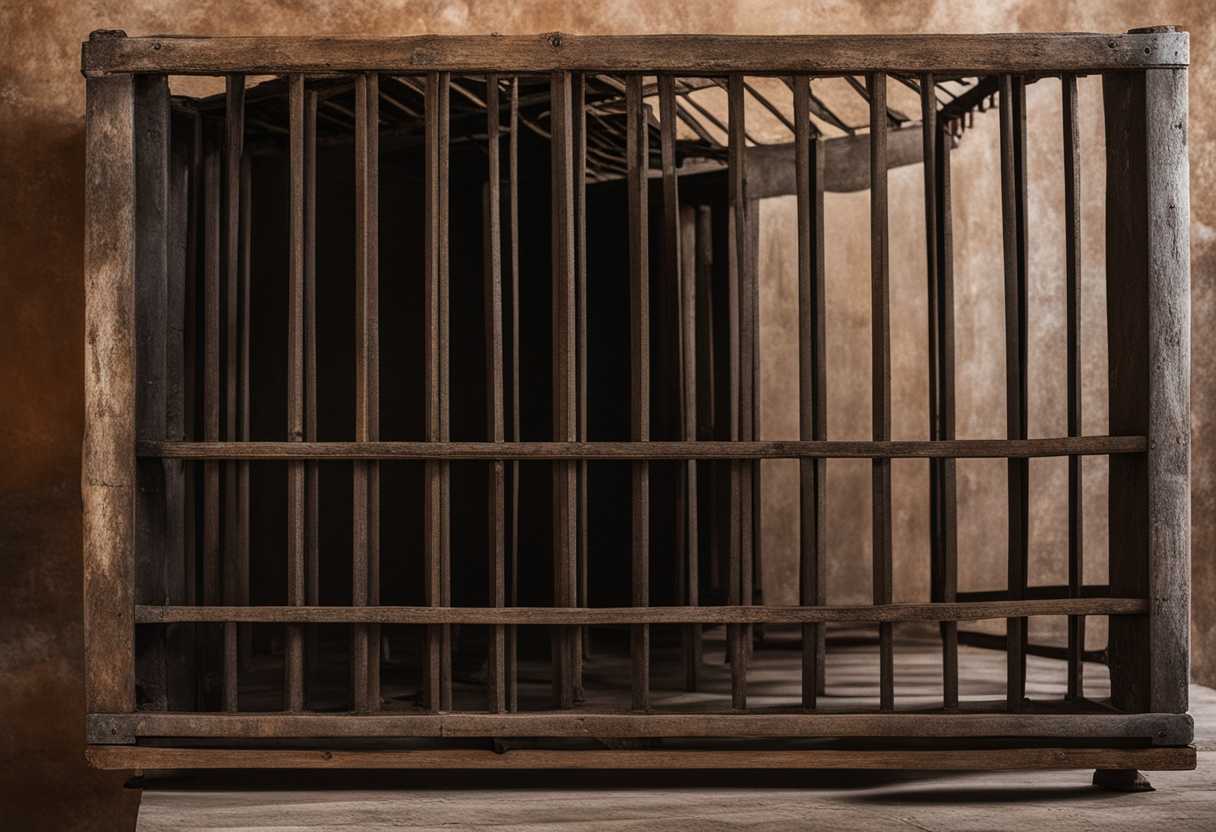 A-weathered-wooden-cage-with-broken-bars-next-to-a-sturdy-iron-cage_pqwd
