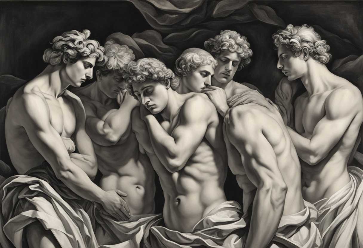 Men-in-a-surreal-scene-stand-with-hands-on-stomachs-pale-faces-showing-vulnerability-and-unease_opii