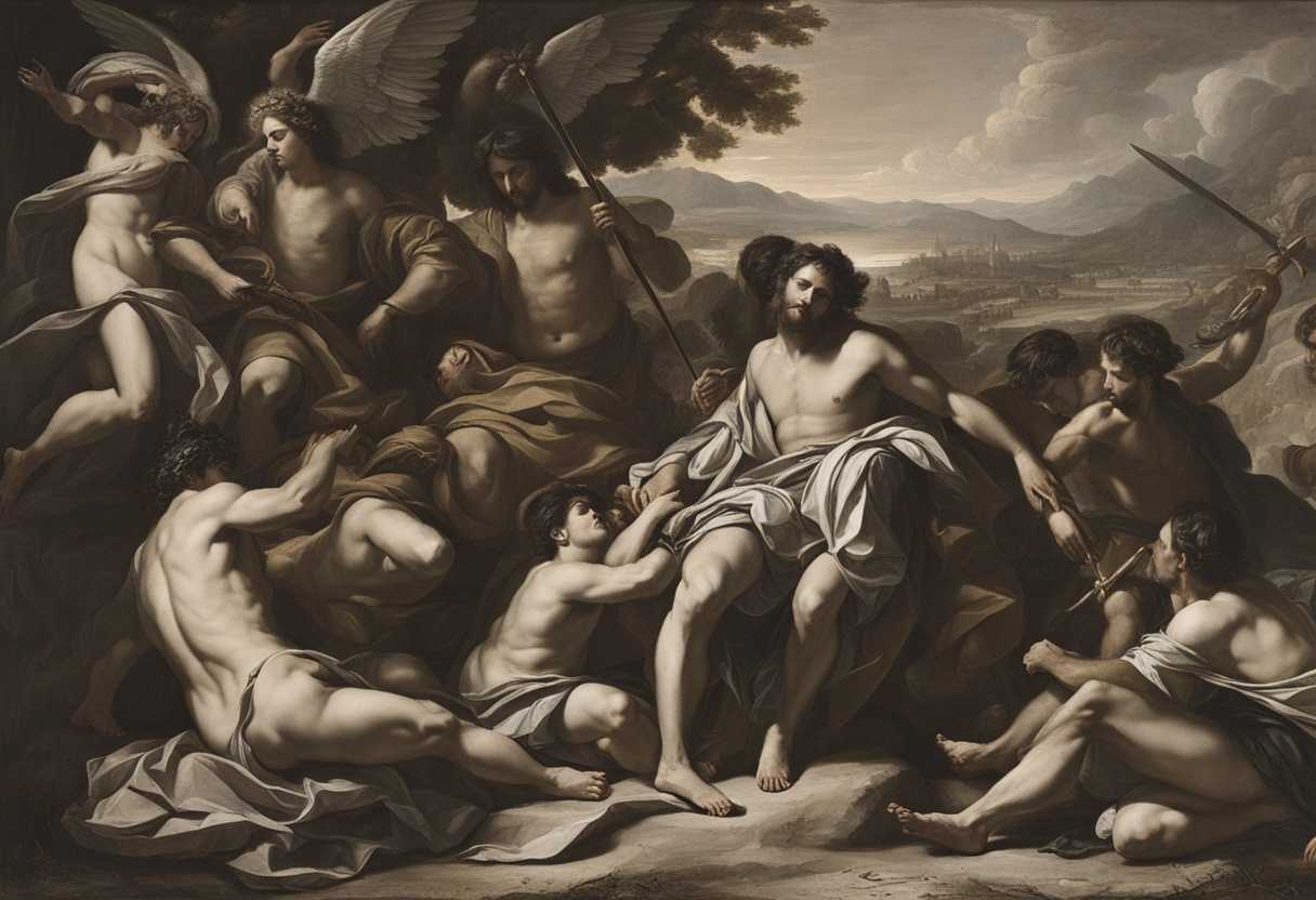 Warriors-and-a-divine-figure-find-peace-in-a-barren-land-embodying-grace-and-faith_ubsg