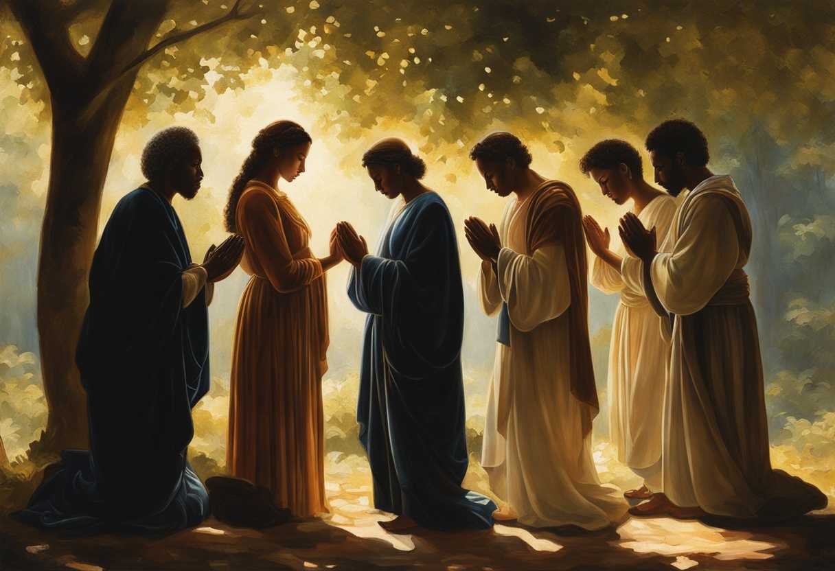 A-diverse-group-of-individuals-holding-hands-in-prayer-under-a-sunlit-canopy-of-trees_sewf