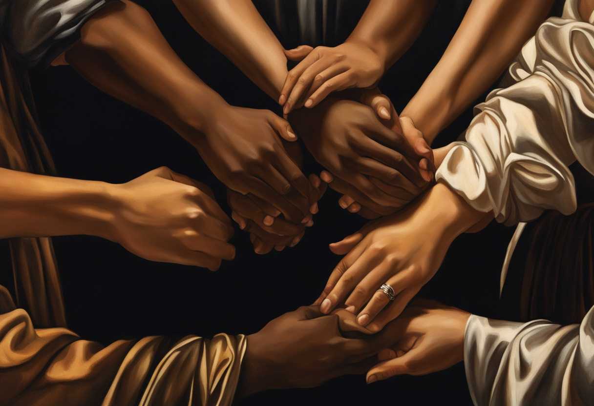 A-diverse-group-of-individuals-hands-clasped-in-unity-bathed-in-warm-light-showing-determination_jsdd