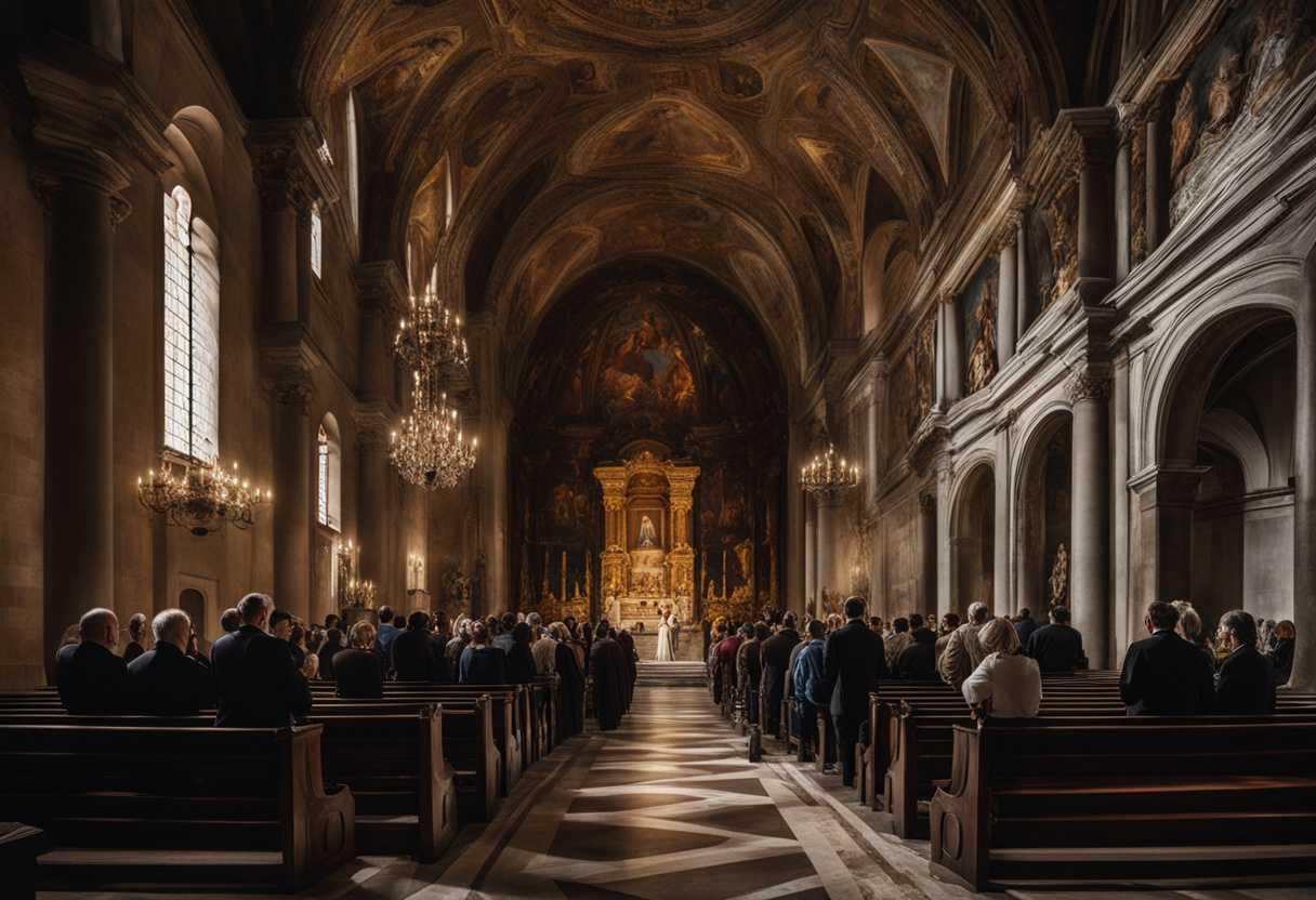 Foreign-tourists-disrupt-a-sacred-ceremony-in-a-dimly-lit-church-causing-tension-and-discomfort_toao