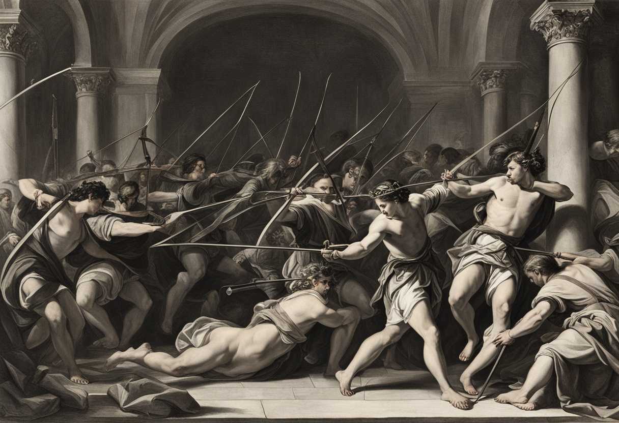 Archers-encircle-bows-drawn-aiming-at-fallen-Babylon-determined-poised-ruins-tension-impendin_byus