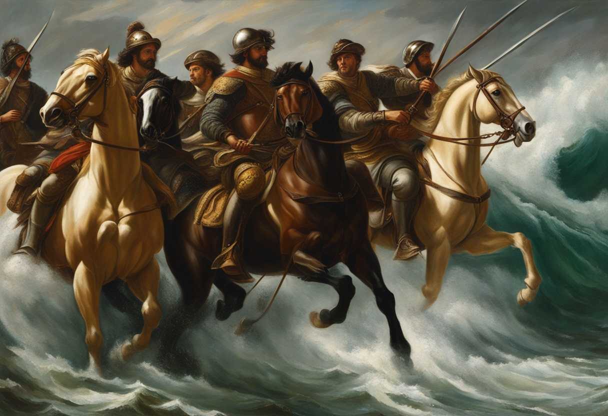 Northern-warriors-on-horseback-armed-for-battle-face-impending-danger-by-a-roaring-sea_gzbu