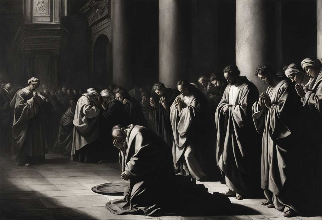 Worshippers-in-dimly-lit-sanctuary-heads-bowed-in-prayer-solemn-expressions-spiritual-struggle_kwny