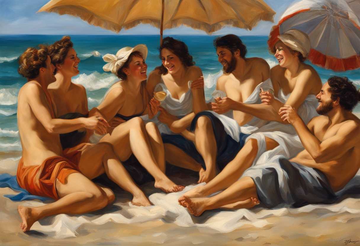 Friends-at-beach-laughter-volleyball-colorful-towels-seashells-umbrellas-carefree-joy-genuine_hfmq