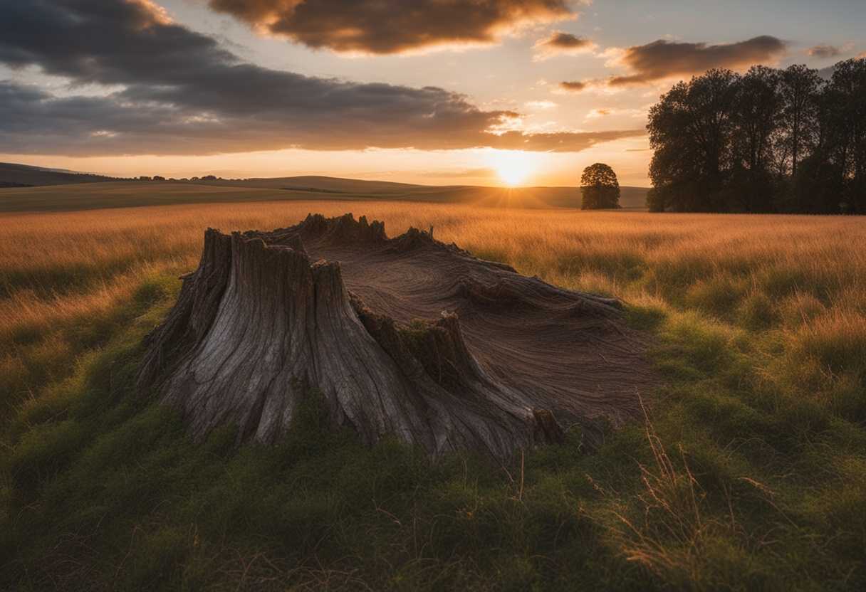 A-weathered-tree-stump-stands-in-a-vast-field-at-sunset-symbolizing-resilience-and-new-growth_phfw