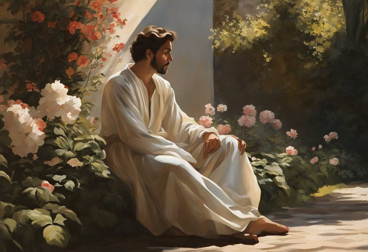 Man-sits-in-serene-garden-surrounded-by-flowers-and-shadows-lost-in-contemplation_lins