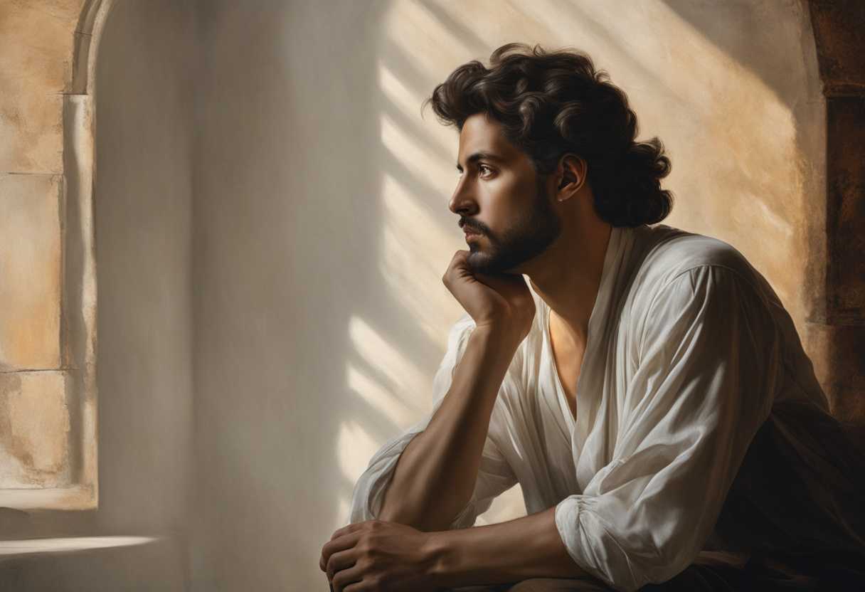 A-man-sits-in-soft-light-deep-in-thought-his-gaze-filled-with-meaning_sqko