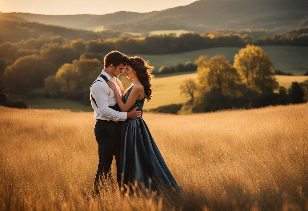 A-couple-embraces-in-a-sunlit-field-embodying-timeless-love-in-a-classic-movie-moment_xmto