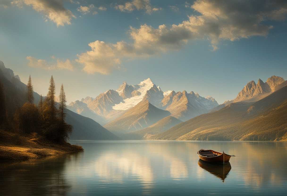 A-lone-boat-drifts-on-a-glassy-lake-beneath-sun-kissed-peaks-surrounded-by-tranquility_oavy