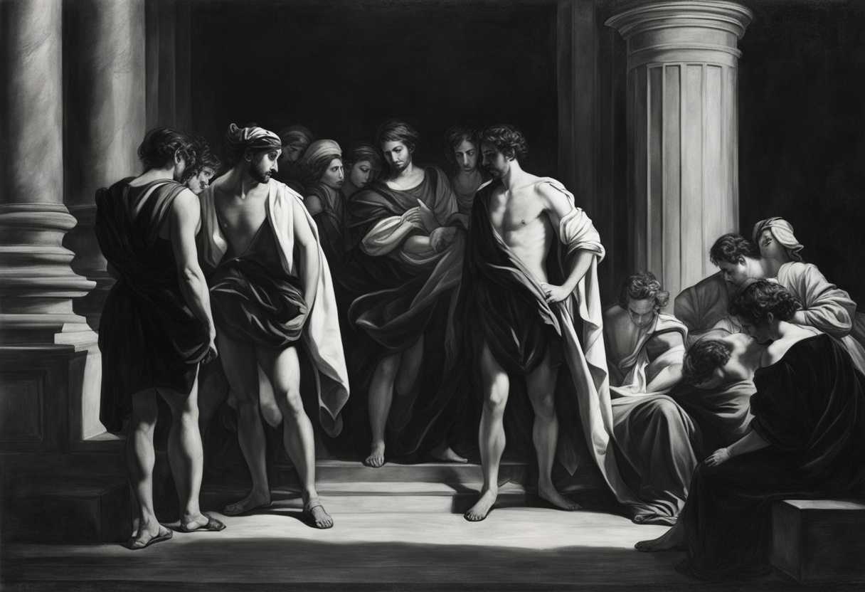 A-man-stands-resolute-amidst-worried-friends-in-a-timeless-dramatic-black-and-white-scene_ifri