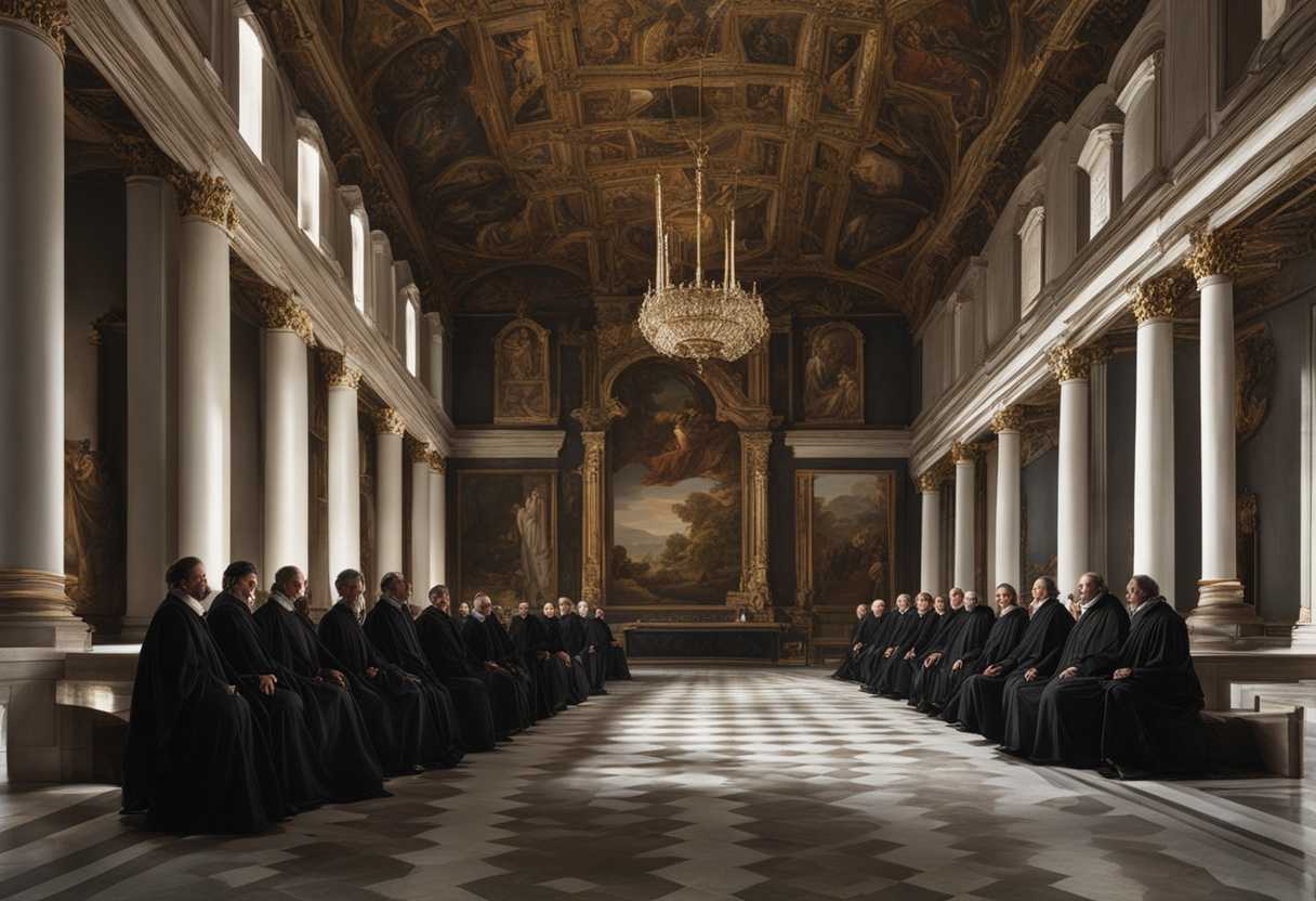 Men-in-a-grand-hall-faces-fixed-in-reverence-awaiting-wisdom-with-solemnity_ekod