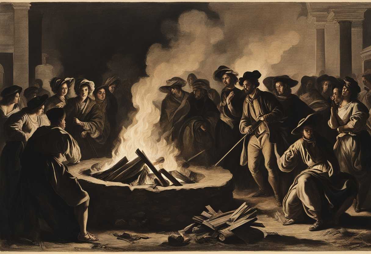 People-encircle-a-bonfire-faces-aglow-with-awe-and-fear-casting-dramatic-shadows_yflp