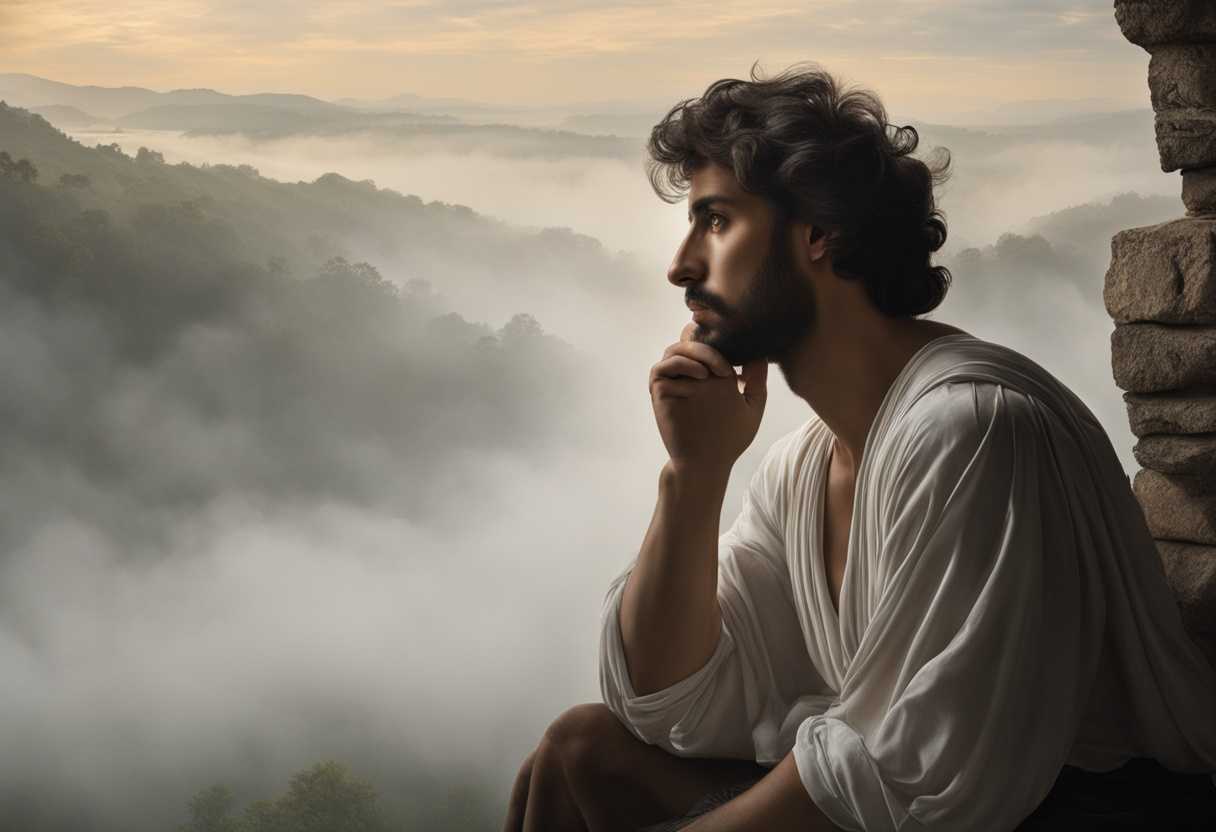 A-man-gazes-into-the-mist-his-spirit-hovering-beside-him-pondering-life's-fragility_ndif