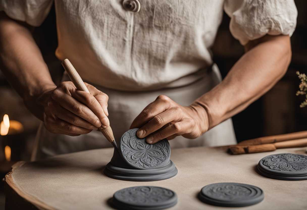 Artisan-presses-intricate-clay-seal-onto-soft-clay-capturing-unique-design-with-dramatic-flair_sxtx