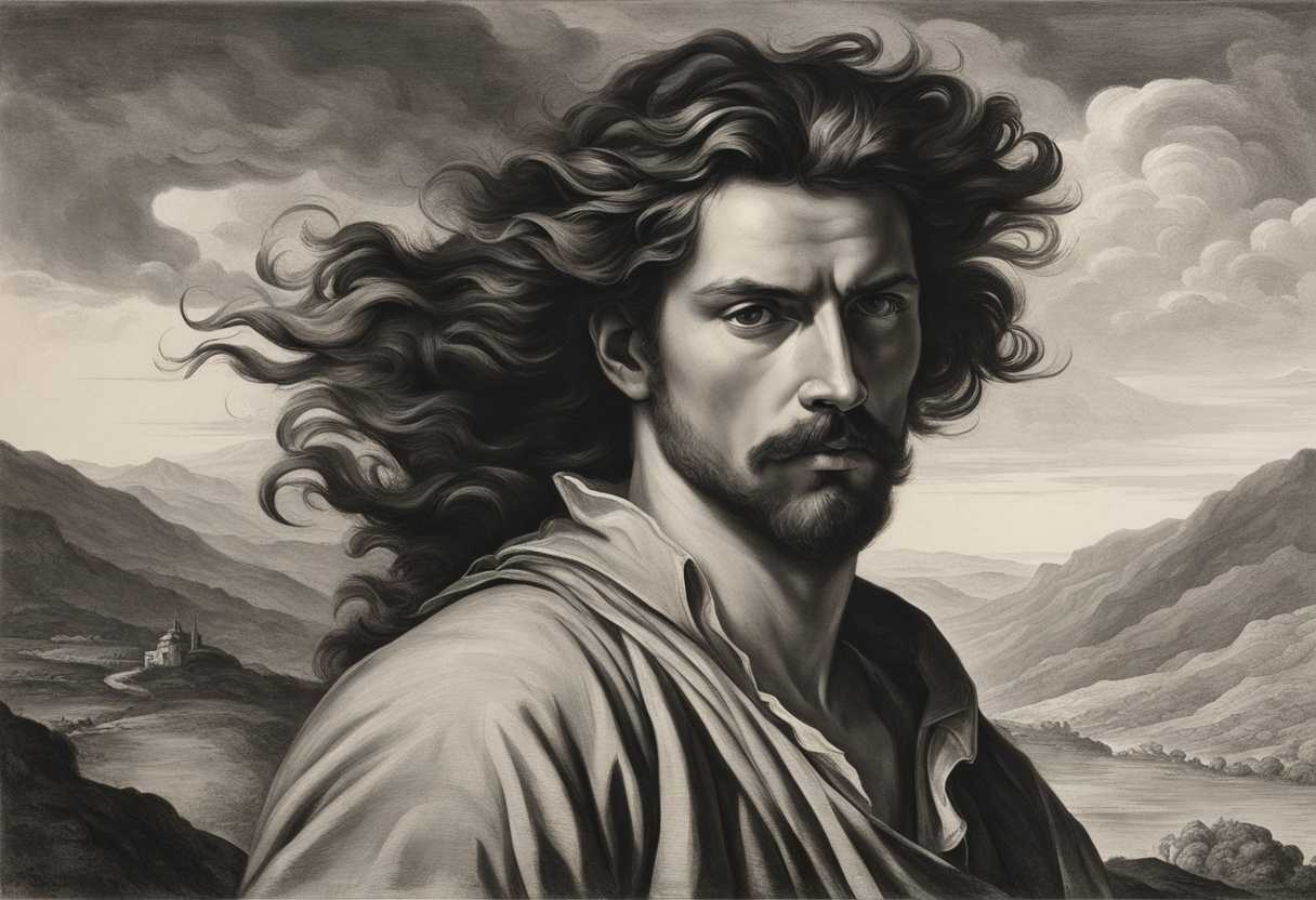 A-man-stands-in-a-rugged-landscape-wind-blown-hair-intense-eyes-exuding-strength-and-vulnerabilit_drfx