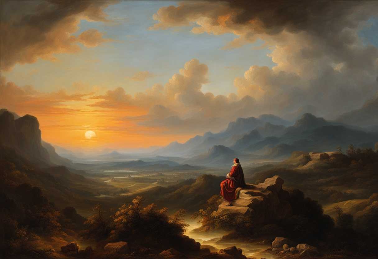 A-lone-figure-gazes-at-the-majestic-sunset-surrounded-by-vast-rugged-mountains-and-endless-plains_ksmf