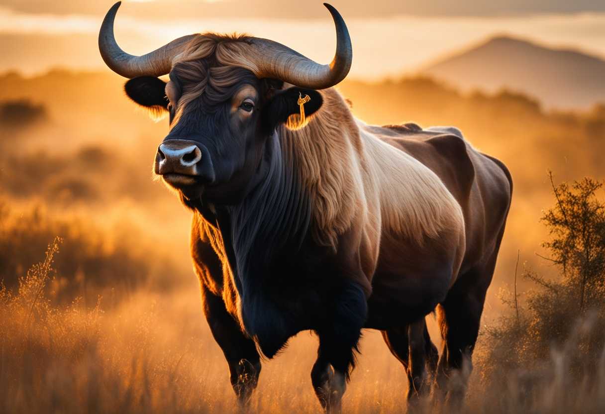 Majestic-wild-ox-stands-proudly-in-golden-sunset-embodying-primal-dignity-and-untamed-wilderness_orim