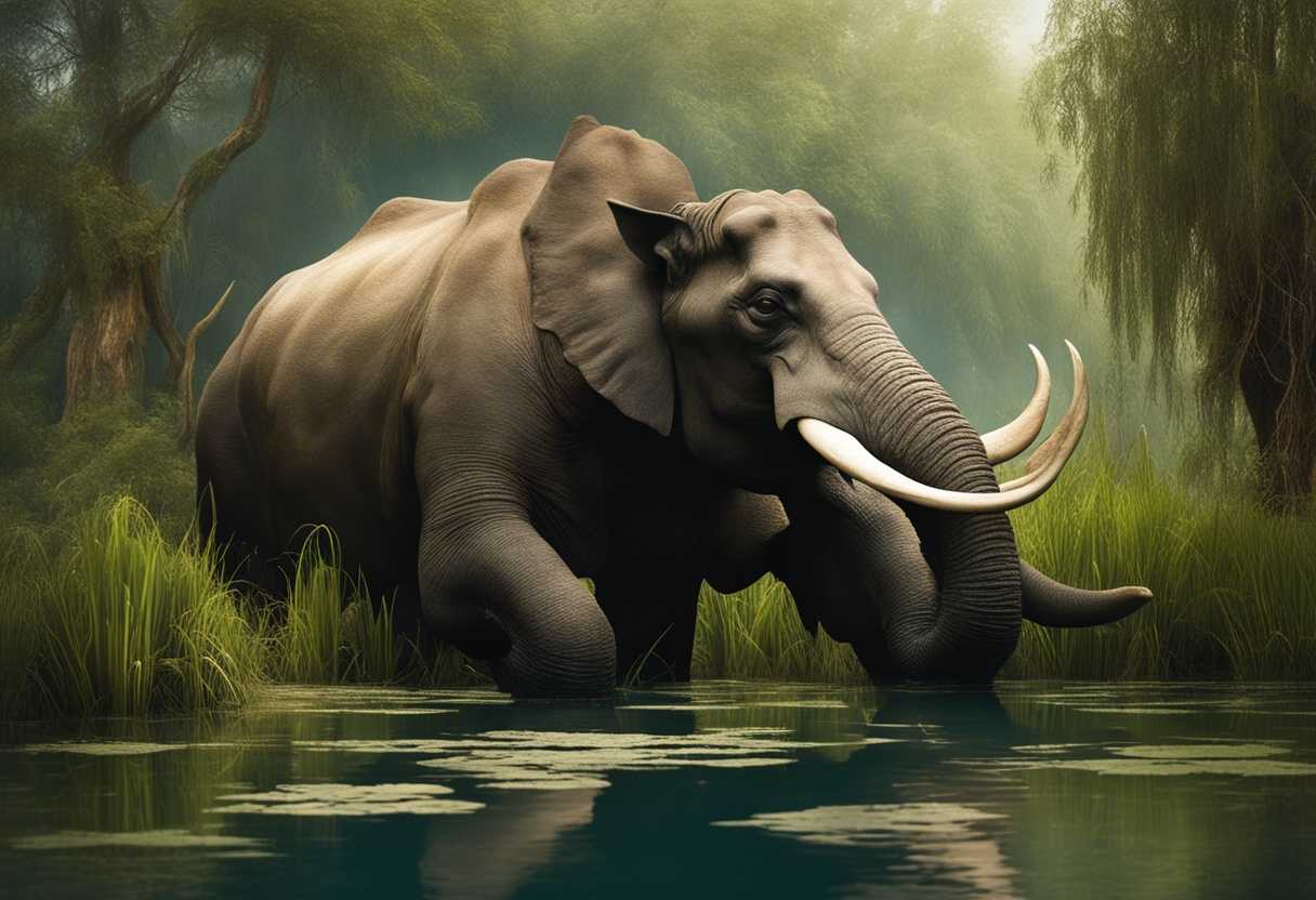 Prehistoric-Behemoth-peacefully-resting-in-serene-marsh-surrounded-by-lotus-plants-and-willow-trees_sktr