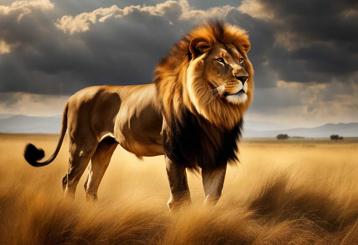 A-lion-with-a-flowing-mane-stands-proudly-in-the-golden-savannah_msdp