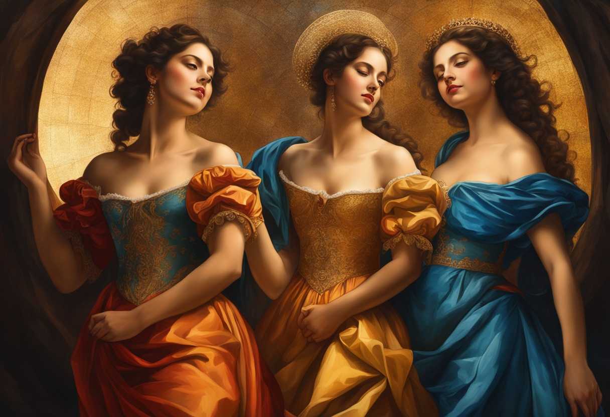 Three-sisters-in-colorful-dresses-stand-together-radiating-joy-and-sisterhood-under-golden-light_dfgn