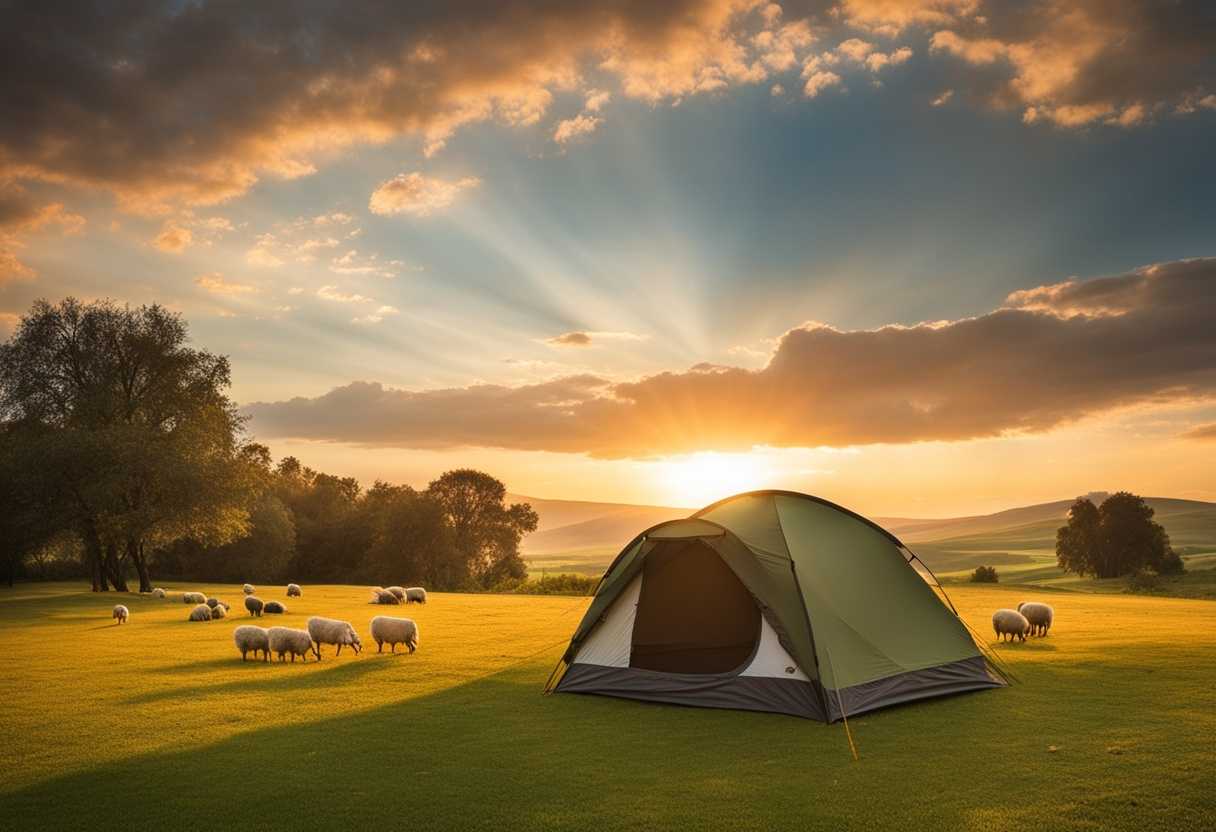 Tranquil-scene-at-sunset-peaceful-tent-sheep-grazing-on-green-pasture-warm-glow_bfbu