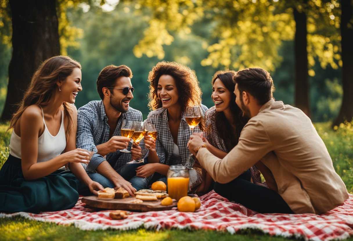 Friends-on-checkered-blanket-in-park-sharing-food-laughter-toasting-candid-joy-in-nature_gfpf