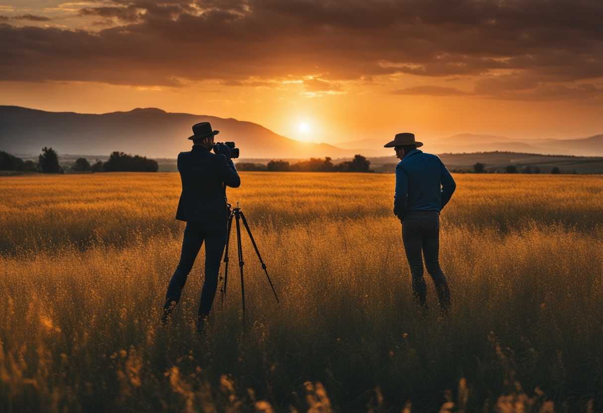 Man-and-photographer-in-field-at-sunset-reflecting-on-vast-landscape-feeling-profound-connection_foza