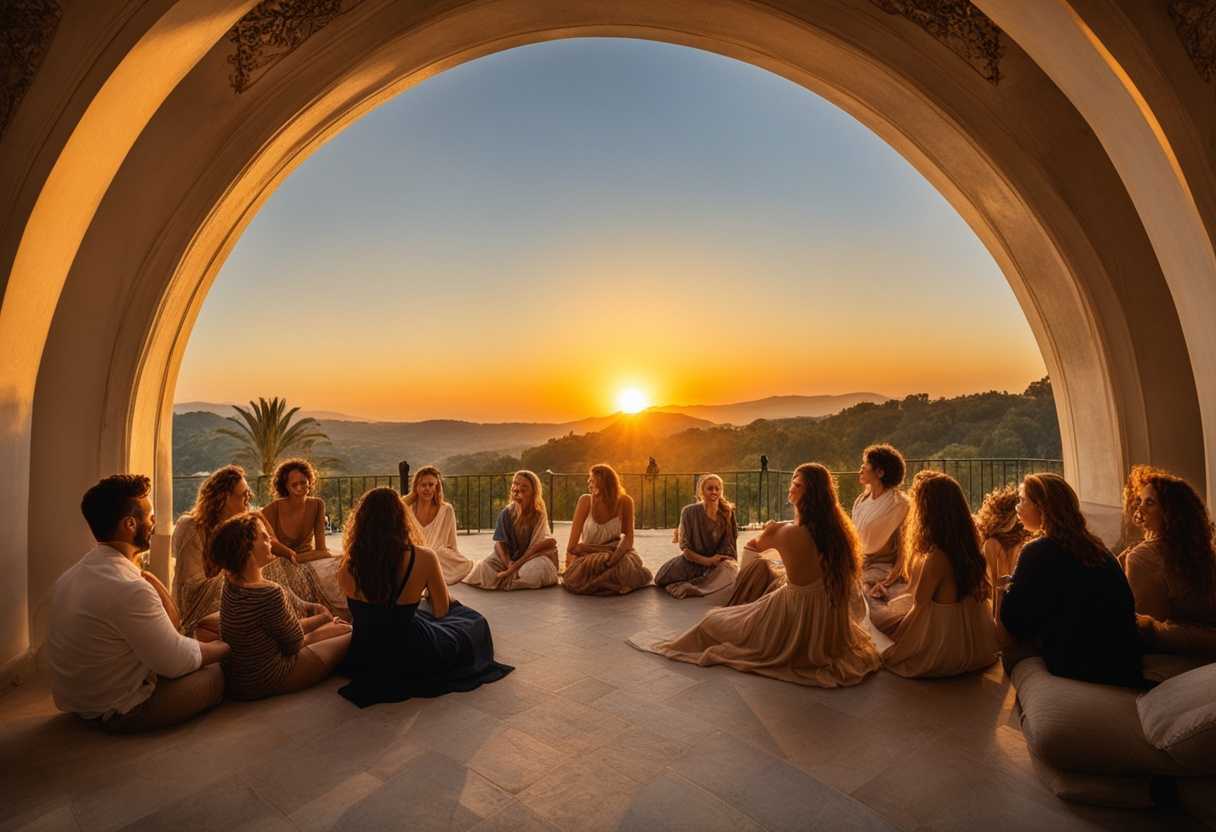 Friends-gathered-in-a-circle-at-sunset-bathed-in-golden-light-sharing-genuine-smiles_wgyv