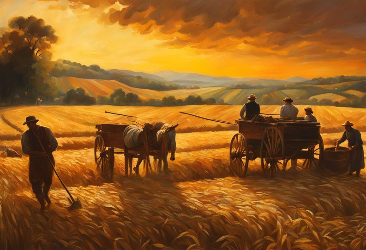 Vibrant-harvest-scene-workers-bustling-on-threshing-floors-abundance-of-grain-wine-oil-under-gol_ubsq