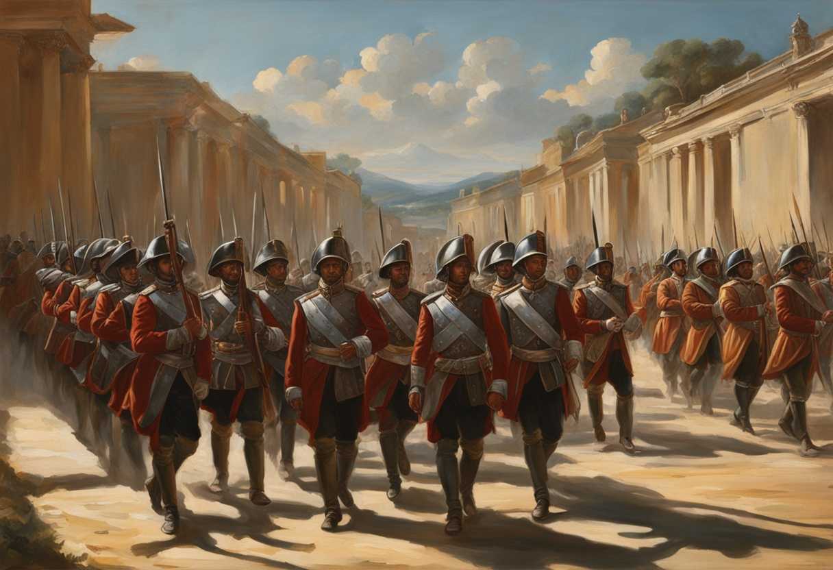 Soldiers-march-in-disciplined-formation-exuding-strength-and-unity-under-the-sun's-glinting-light_eekc