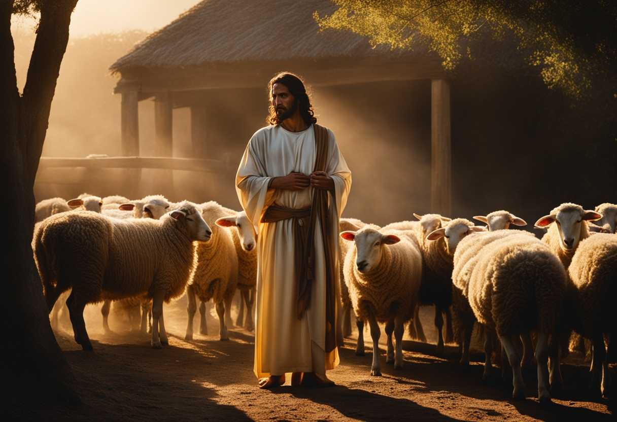 Jesus-stands-in-a-peaceful-sheepfold-bathed-in-golden-light-surrounded-by-obedient-sheep_zfel