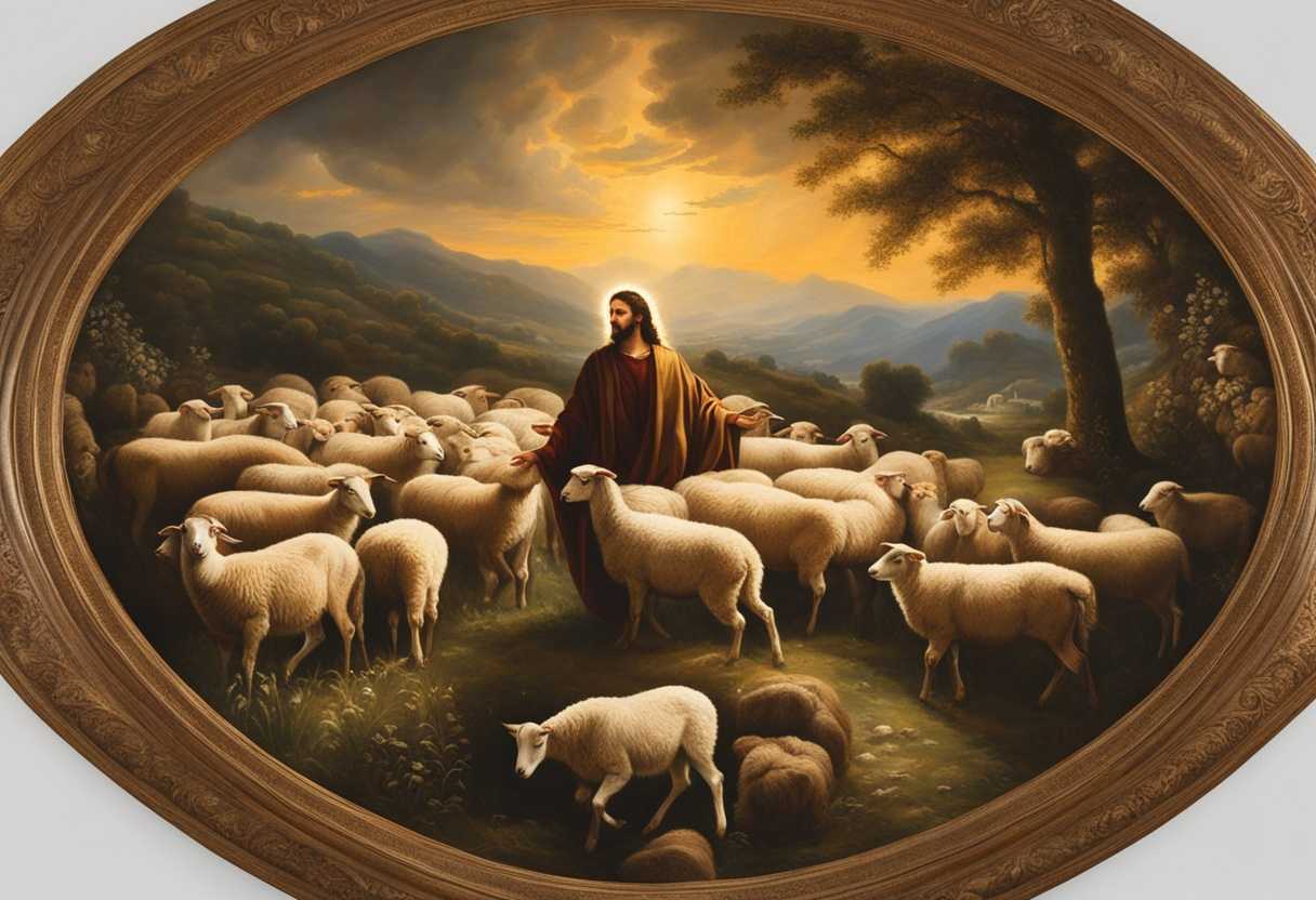 Jesus-tenderly-watches-over-a-flock-of-sheep-radiating-warmth-and-protection-in-a-serene-setting_aksd