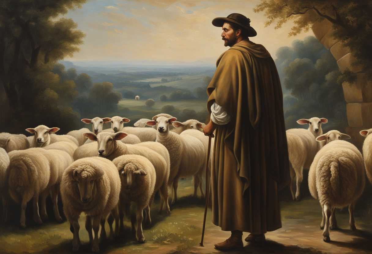 A-shepherd-stands-protectively-among-a-flock-of-sheep-exuding-care-and-responsibility_ibxu