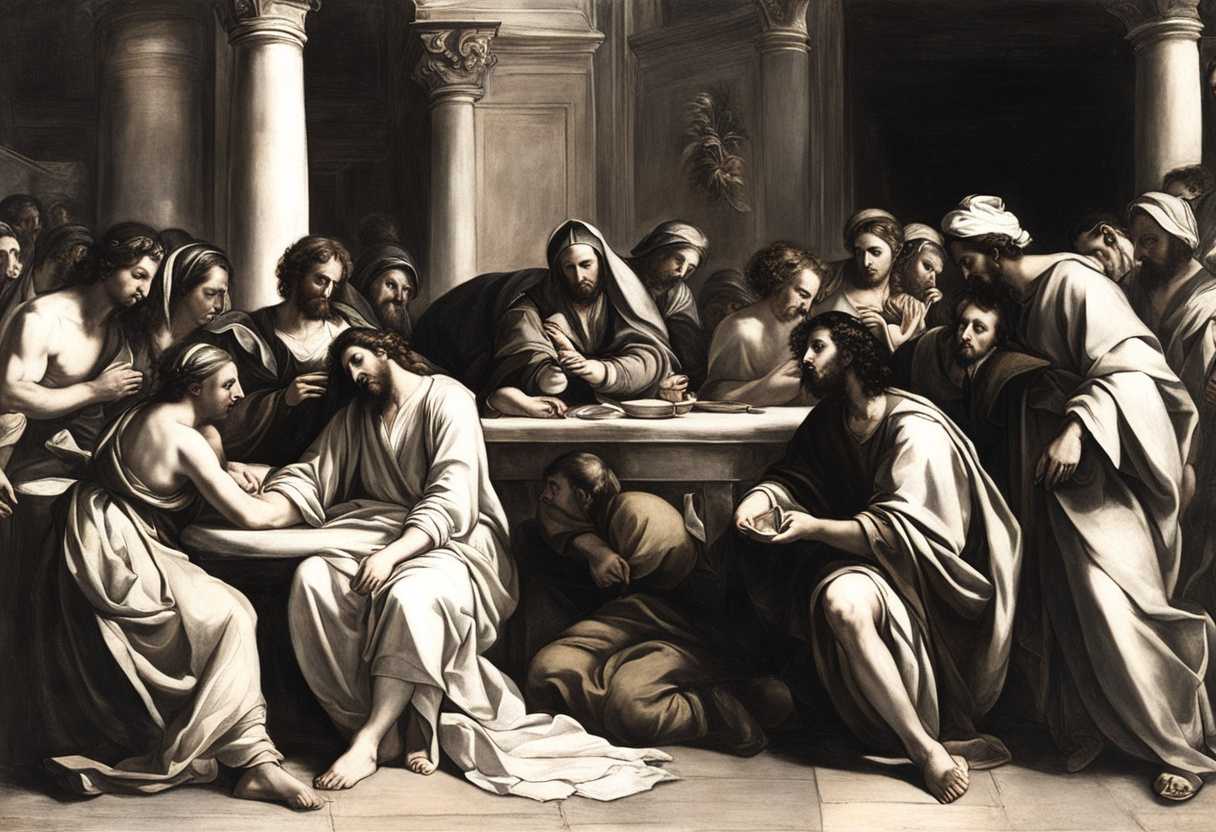 Mary-anoints-Jesus'-feet-with-ointment-surrounded-by-Lazarus-Martha-Judas-and-a-crowd_plax